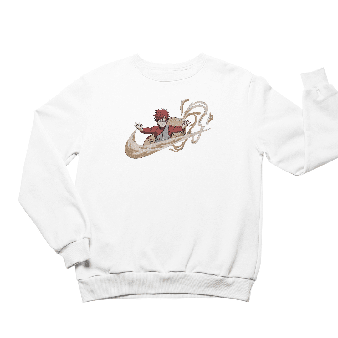 Felpa bianca ricamata con Gaara di Naruto e sabbia, abbigliamento anime unisex