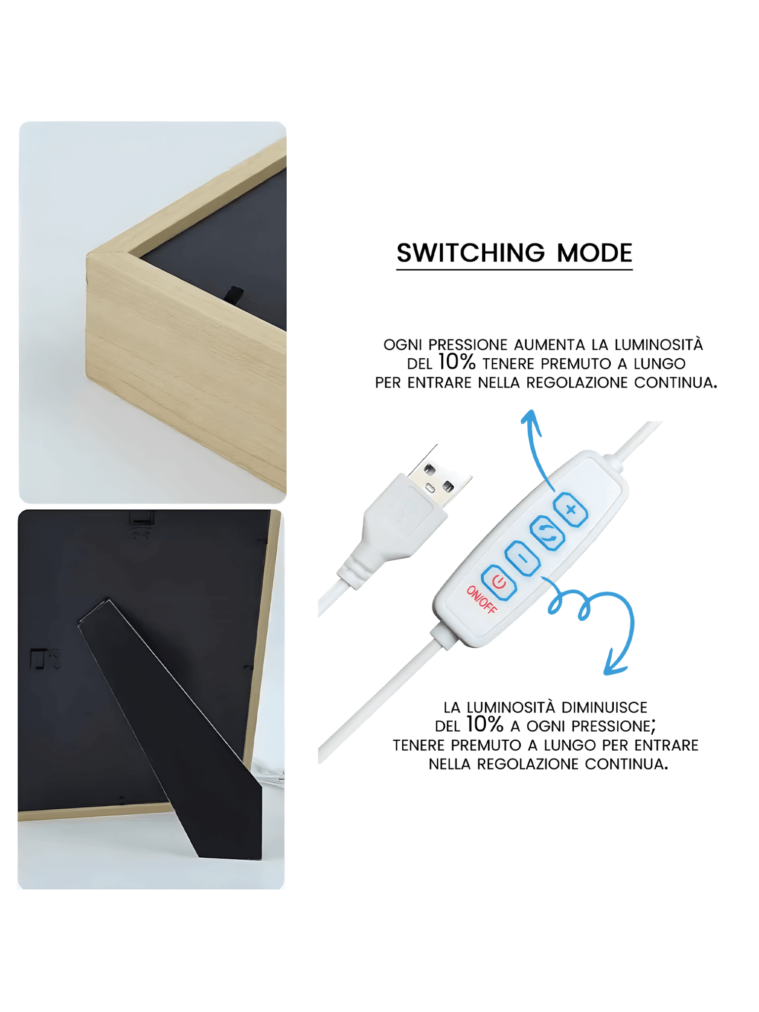 Dettaglio cornice e retro di una lampada LED da tavolo con regolazione luminosità tramite telecomando USB.