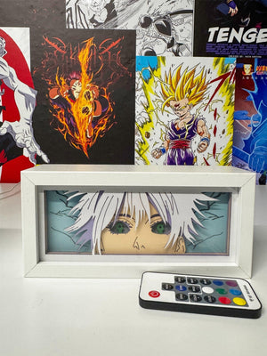 Lampada RGB light box con Gojo Satoru di Jujutsu Kaisen, telecomando incluso, su sfondo anime.