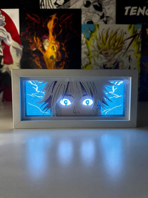Light box LED anime con personaggio Gojo Satoru Jujutsu Kaisen, sfondo blu luminoso