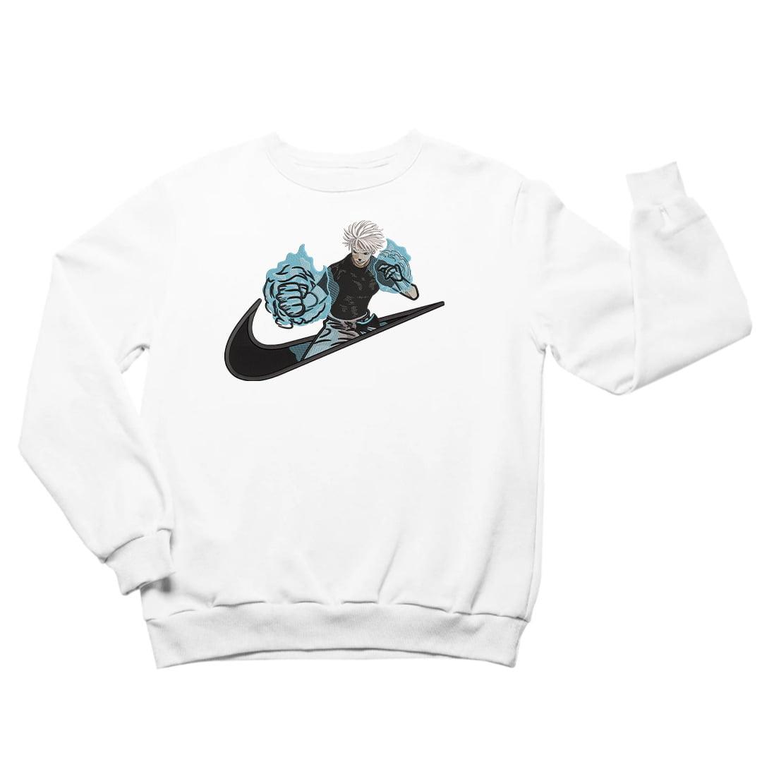 Felpa bianca anime con personaggio ispirato a Gojo, dettagli ricamati e motivo swoosh nero.