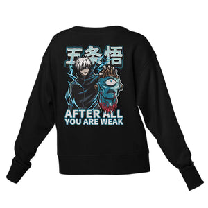 Felpa nera anime con ricamo Gojo Satoru che tiene la testa di Jogo, testo 'After all you are weak'.