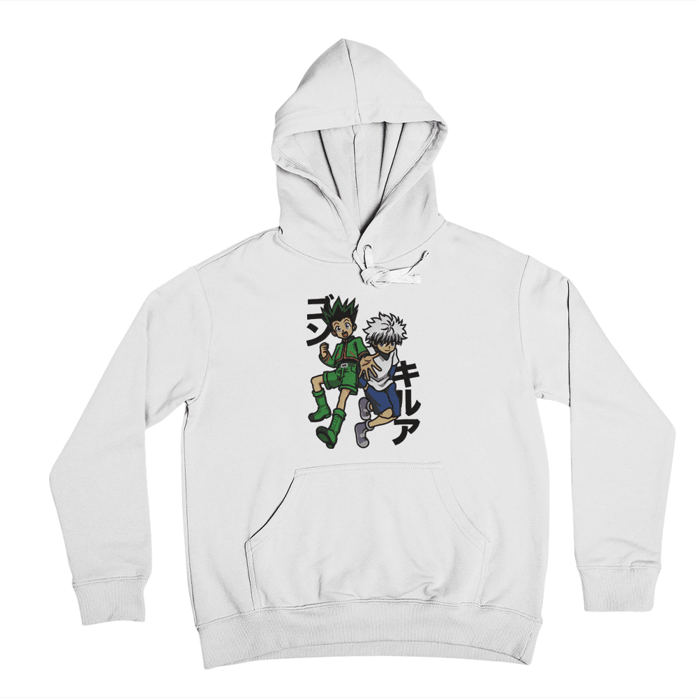 Felpa bianca con ricamo anime di due personaggi in stile giapponese, scritte kanji nere