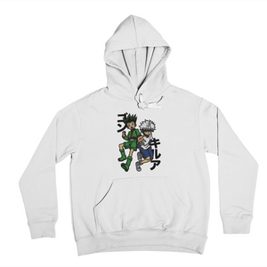 Felpa bianca con ricamo anime di due personaggi in stile giapponese, scritte kanji nere