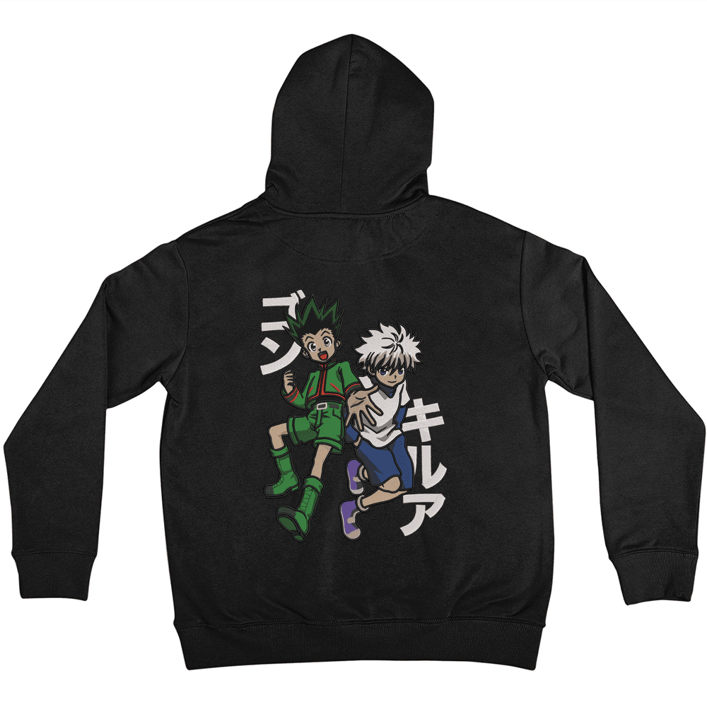 Felpa nera con ricamo anime di due personaggi e scritte giapponesi sul retro, stile Hunter x Hunter