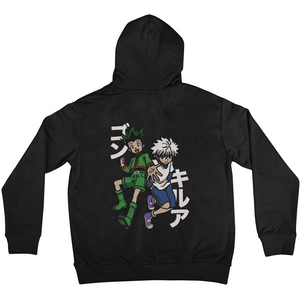 Felpa nera con ricamo anime di due personaggi e scritte giapponesi sul retro, stile Hunter x Hunter