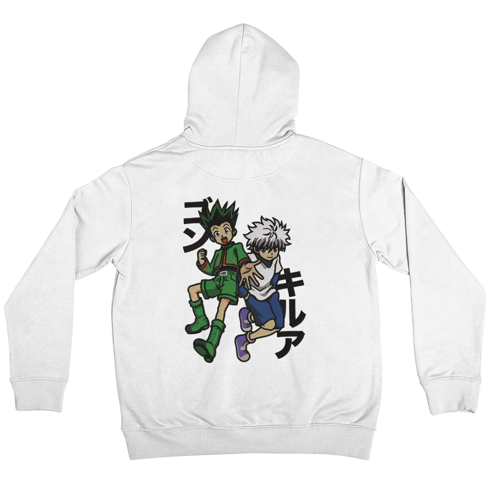 Felpa bianca con ricamo di personaggi anime manga Gon e Killua, stile Hunter x Hunter