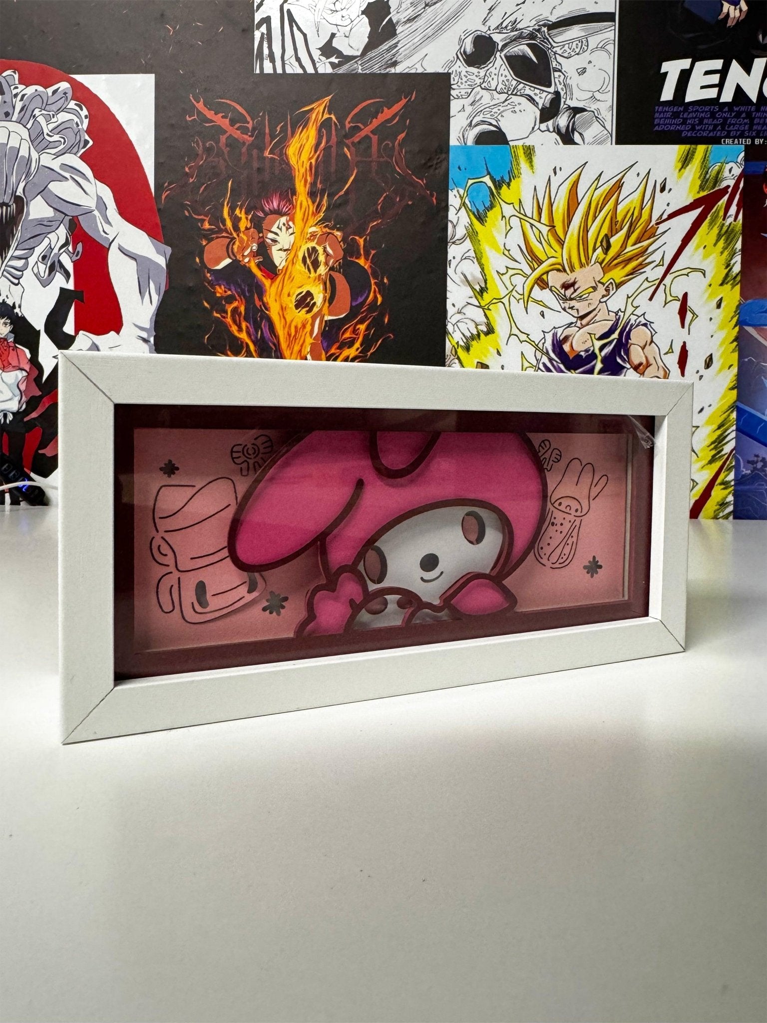 Lampada LED kawaii My Melody in cornice bianca, decorazione anime per camera otaku