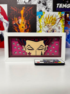 Lampada led decorativa con ritratto di Hisoka, sfondo viola e telecomando, tema anime