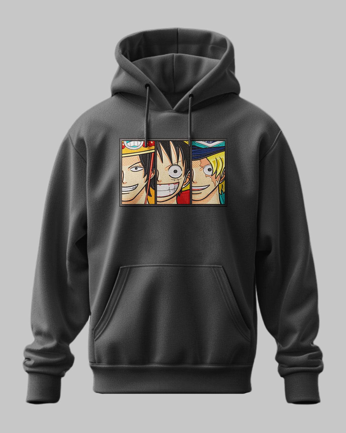 Felpa nera con cappuccio, stampa di personaggi anime One Piece Ace Luffy Sabo, stile manga.