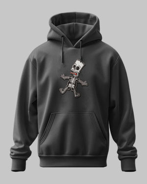 Felpa nera con cappuccio, ricamo personaggio cartoon stile scheletro sul petto