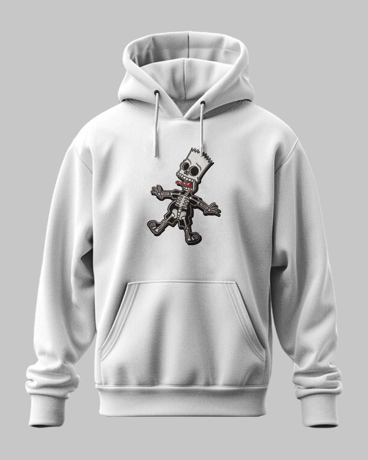 Felpa hoodie grigia con disegno ricamato di personaggio cartoon in stile scheletro al centro