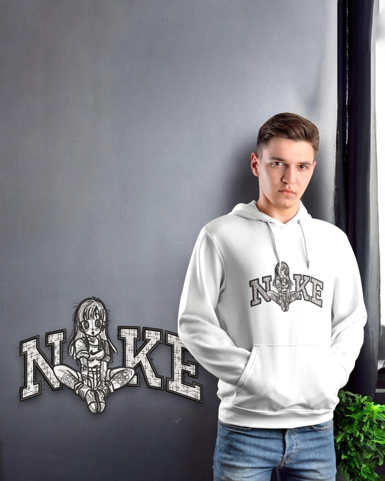 Felpa bianca con stampa anime ispirata a Bulma, logo personalizzato stile streetwear.