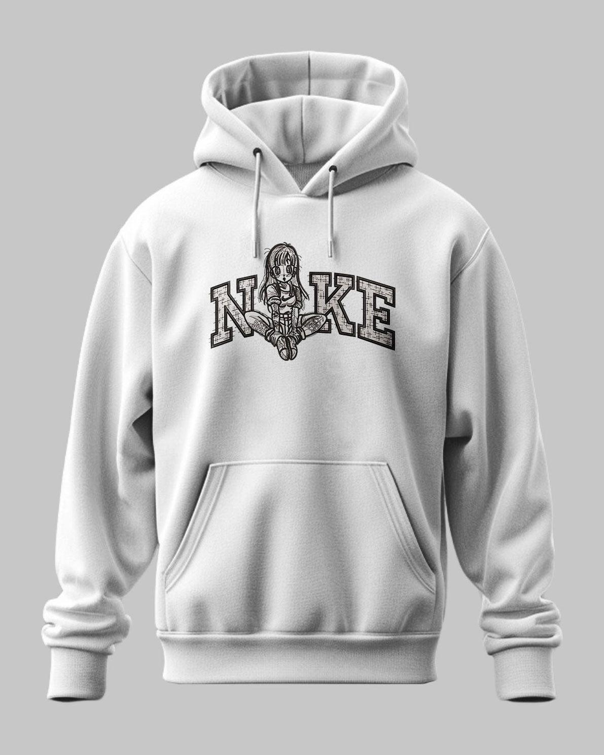 Felpa bianca con cappuccio, stampa manga ispirata ad anime, scritta Nike e personaggio in stile giapponese.
