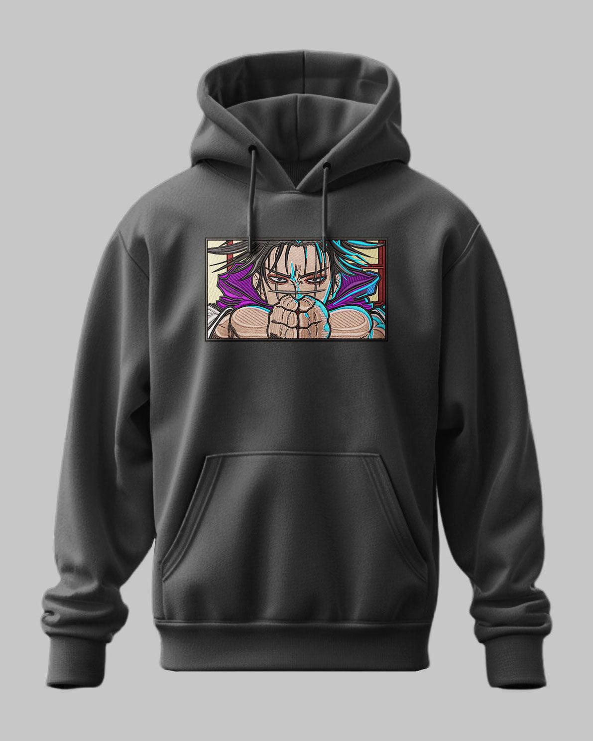 Felpa nera con cappuccio, ricamo personaggio anime Choso da Jujutsu Kaisen sul petto.