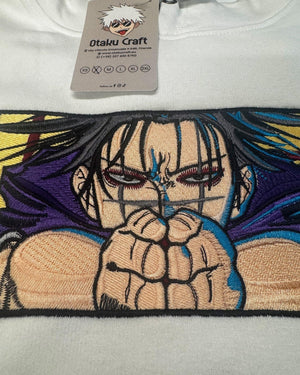 Felpa bianca con ricamo Choso di Jujutsu Kaisen, dettaglio anime, tag Otaku Craft