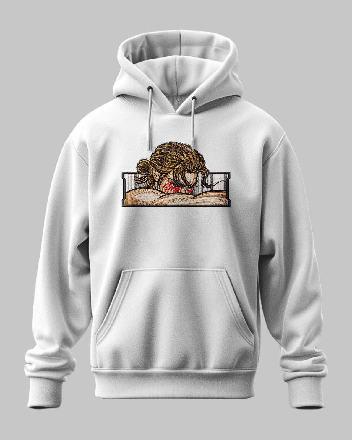 Felpa bianca con cappuccio, ricamo di Eren Yeager da Attack on Titan sul petto.
