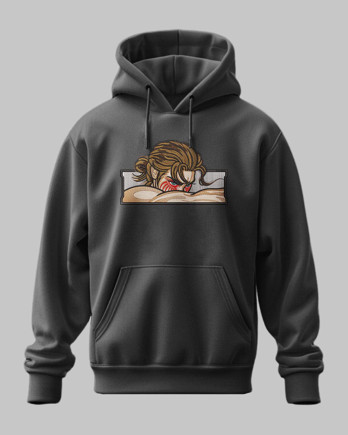 Felpa nera con cappuccio, ricamo personaggio anime ispirato ad Attack on Titan
