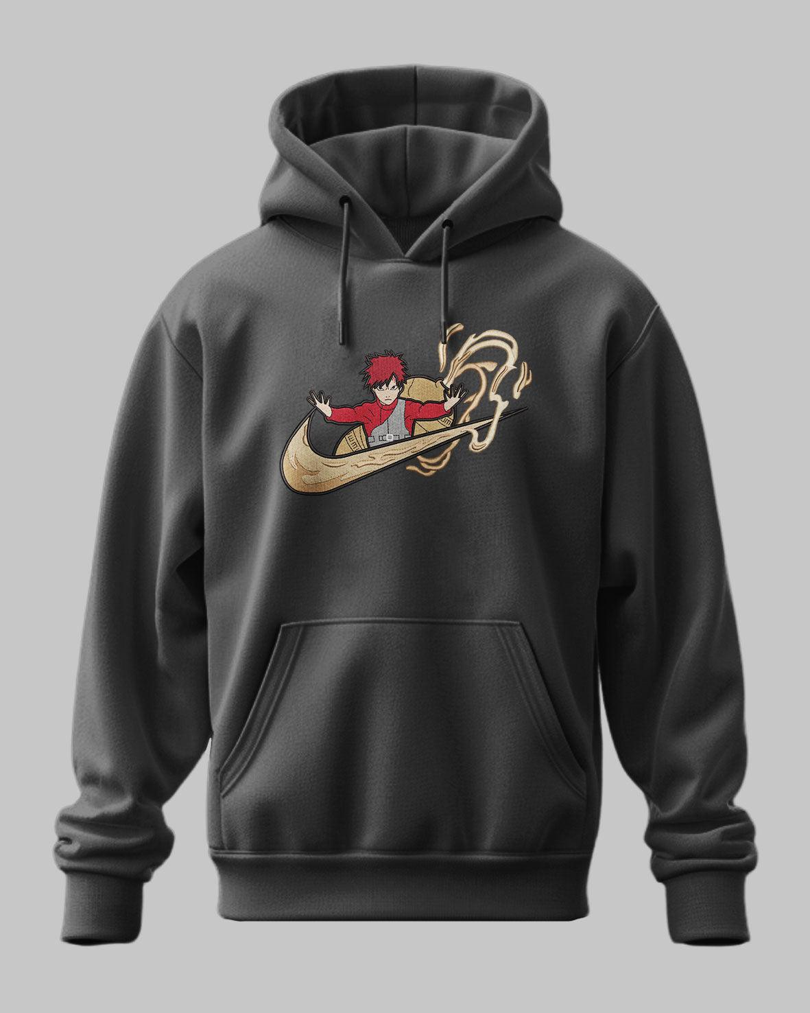 Felpa nera con cappuccio, ricamo Gaara Naruto e vortice di sabbia, stile anime.