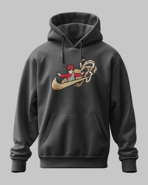 Felpa nera con cappuccio, ricamo Gaara Naruto e vortice di sabbia, stile anime.