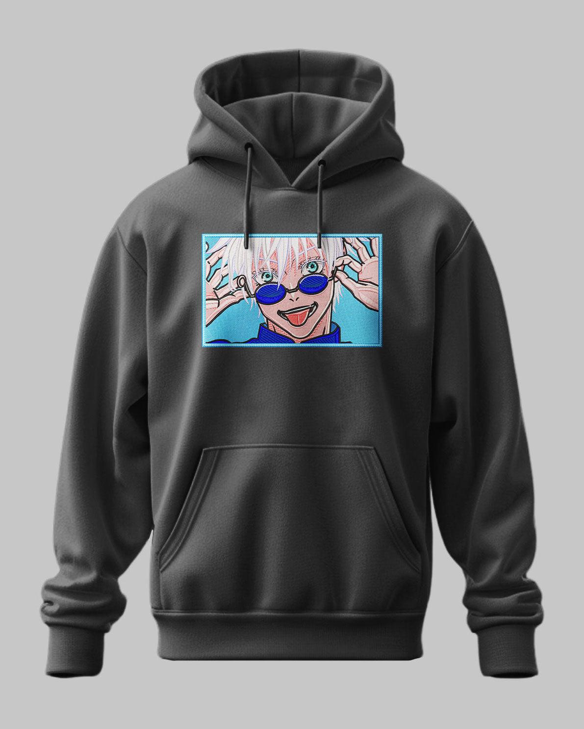 Felpa nera con cappuccio, stampa ricamata Gojo Satoru Jujutsu Kaisen, moda anime