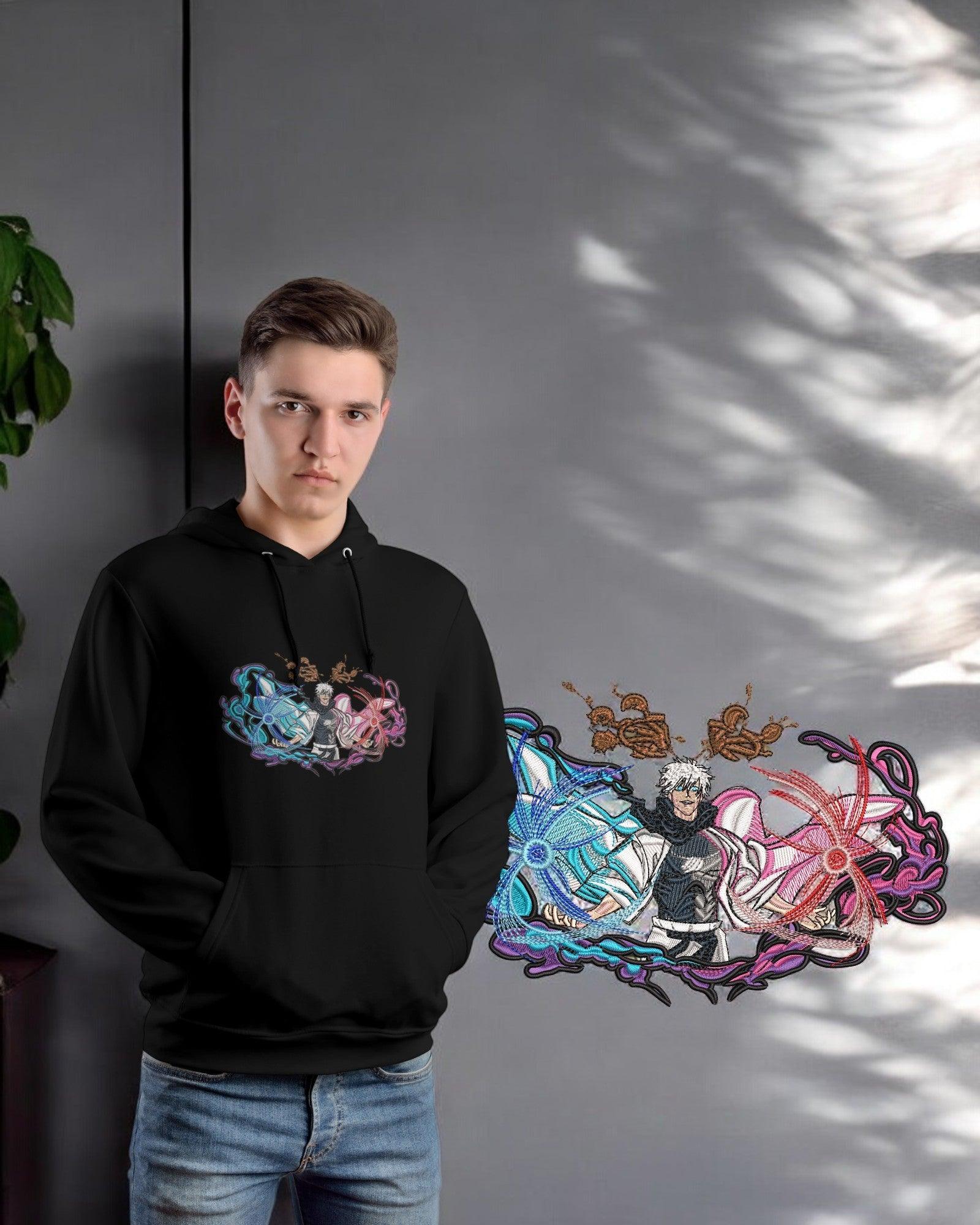 Felpa nera anime ricamata con Gojo Satoru di Jujutsu Kaisen, design rosso e blu