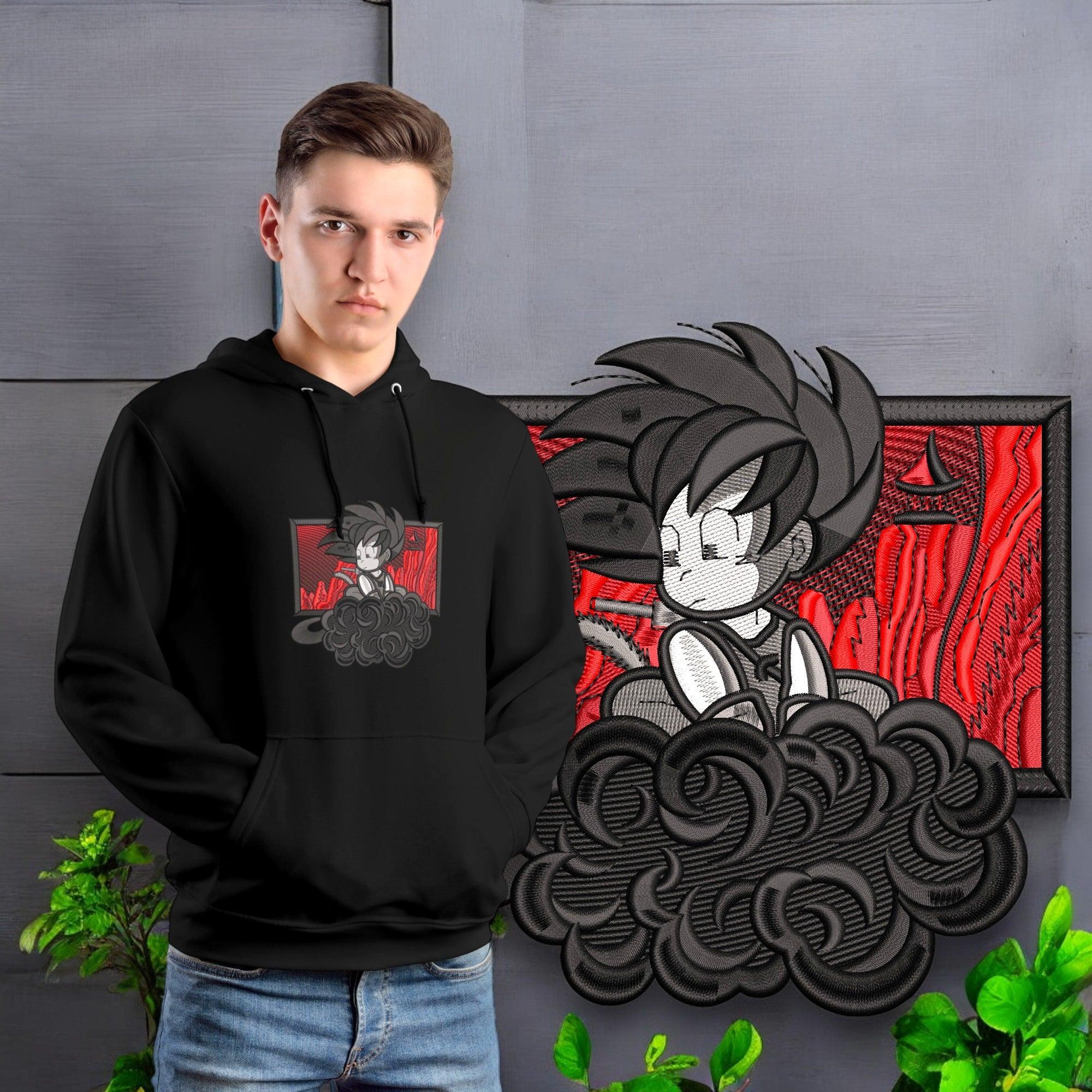 Felpa nera con stampa ricamata di ispirazione anime, personaggio simile a Goku su nuvola, sfondo rosso.