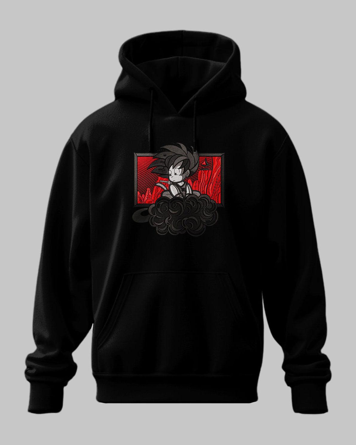 Felpa nera anime con ricamo di Goku bambino sulla nuvola Kinton e sfondo rosso, stile Dragon Ball.
