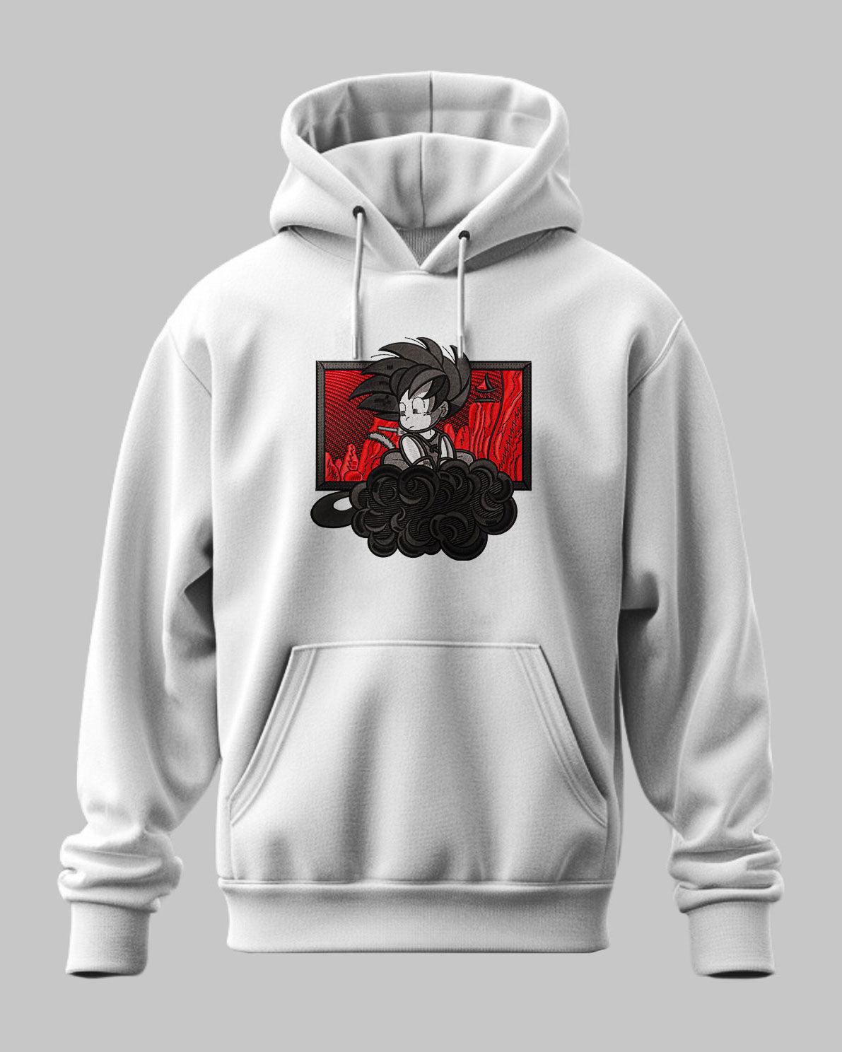 Felpa grigia con ricamo di personaggio anime su nuvola nera, sfondo rosso, stile Dragon Ball.