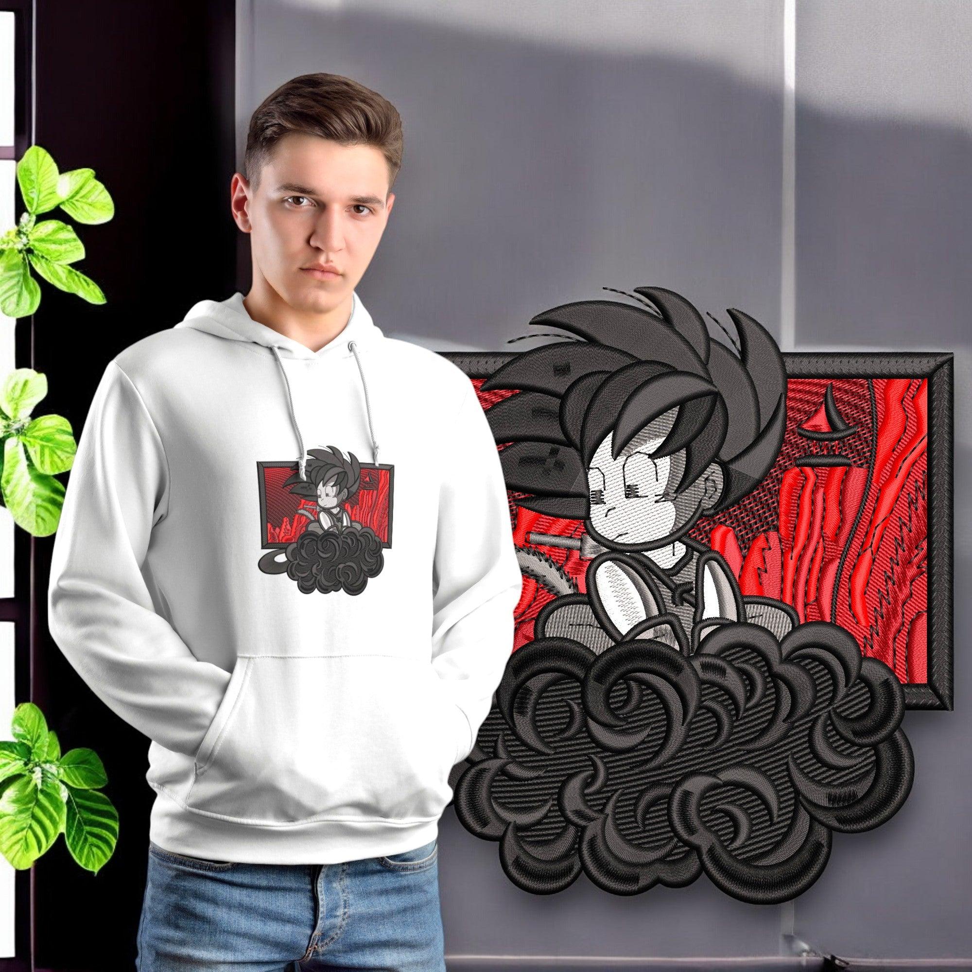 Felpa bianca anime con personaggio in stile manga su nuvola, sfondo rosso, moda otaku.