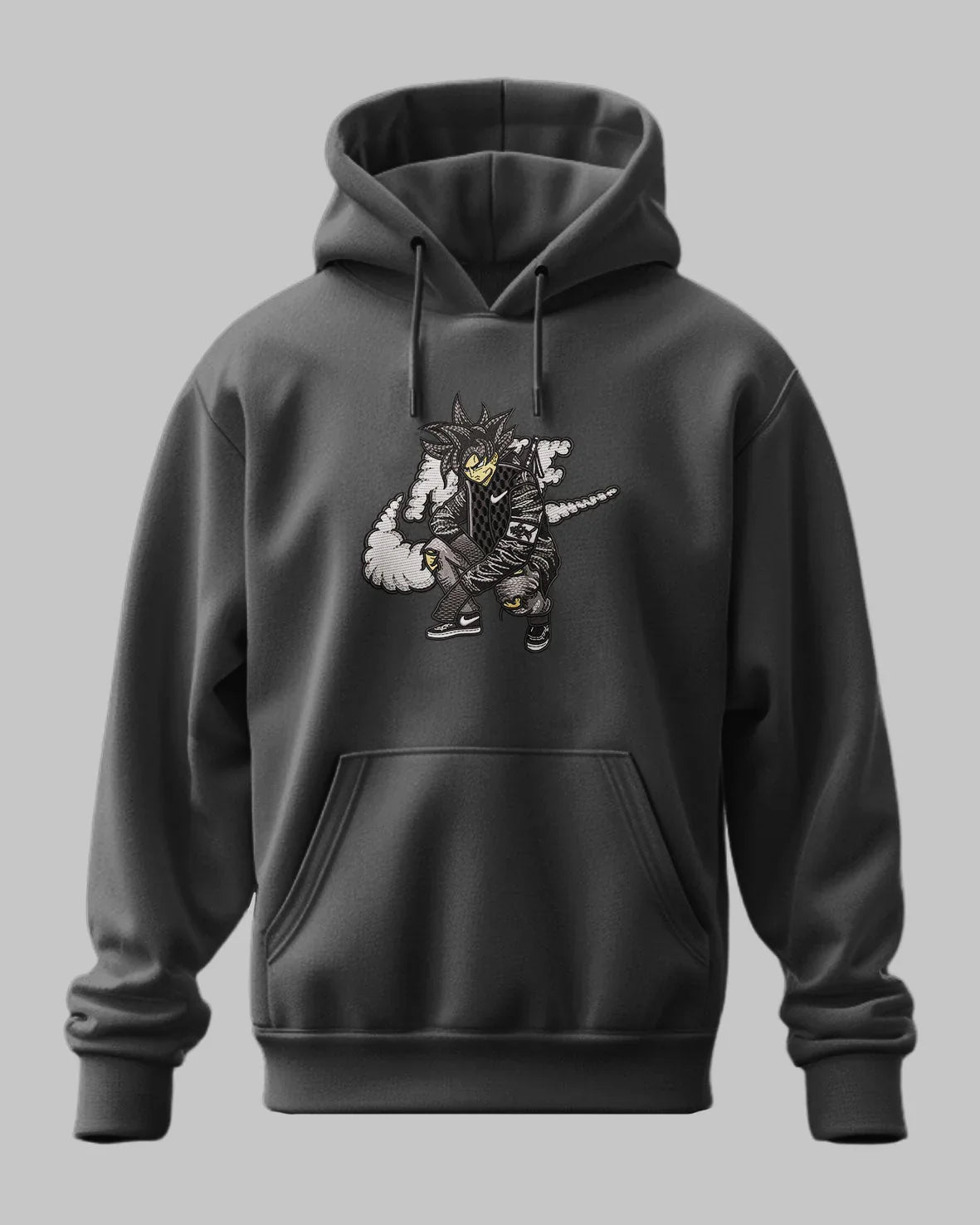 Felpa nera con cappuccio, ricamo anime ispirato a Goku in stile streetwear