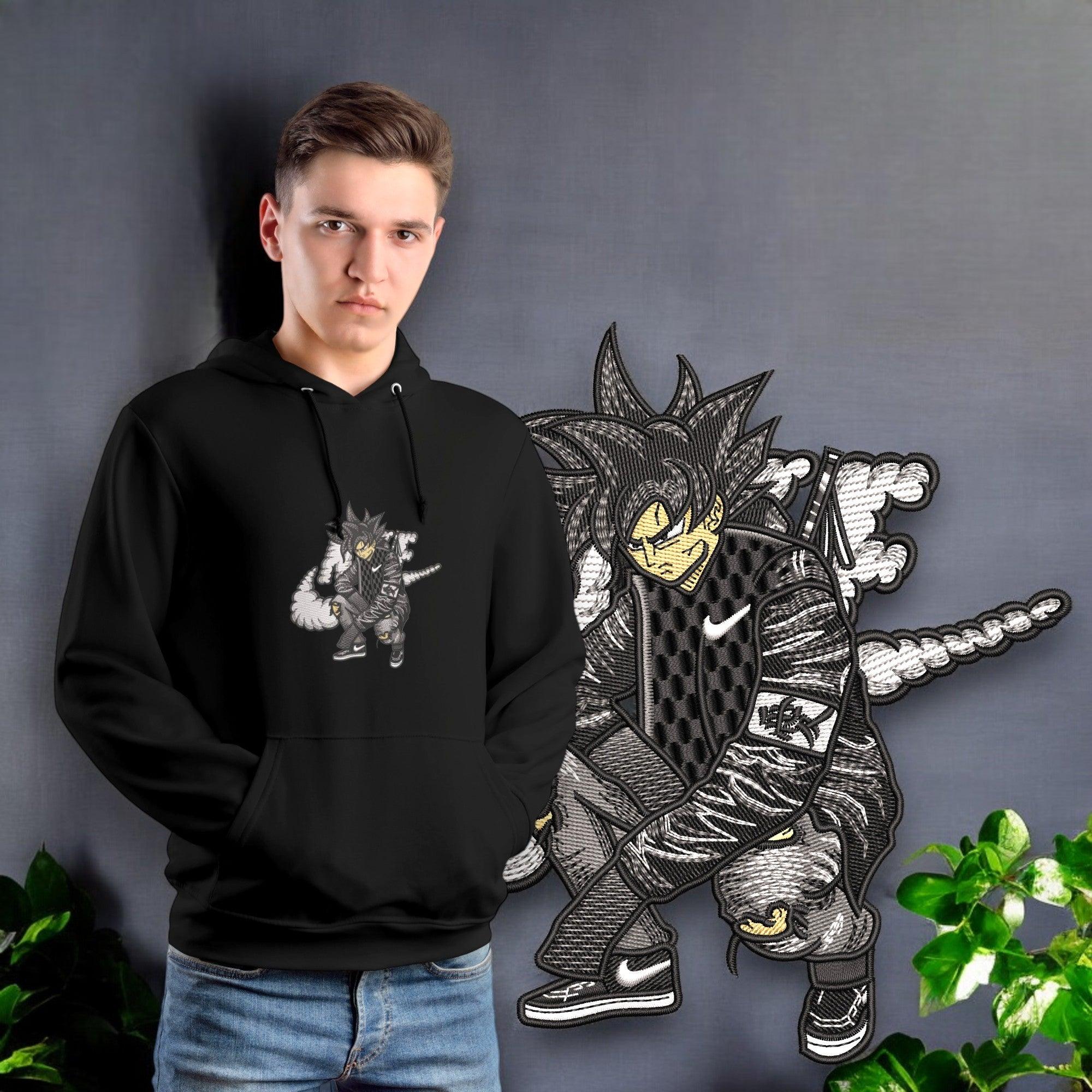 Felpa nera con ricamo Goku stile anime, design moderno, moda streetwear otaku.