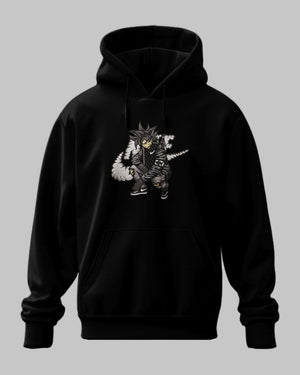 Felpa nera con stampa ricamata di personaggio anime in stile streetwear, ispirazione Dragon Ball.
