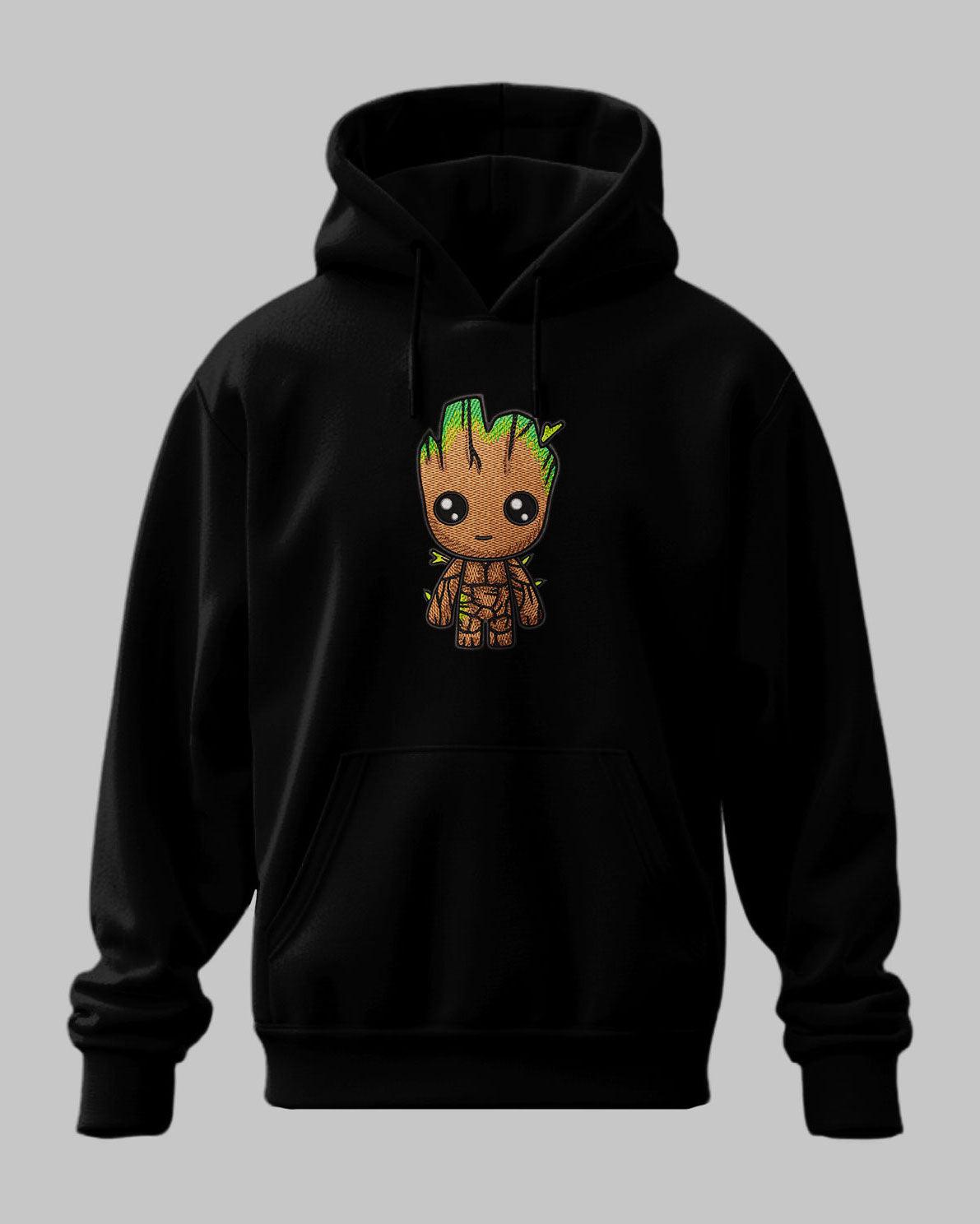 Felpa nera con cappuccio, ricamo di Groot personaggio Marvel in stile cartoon al centro