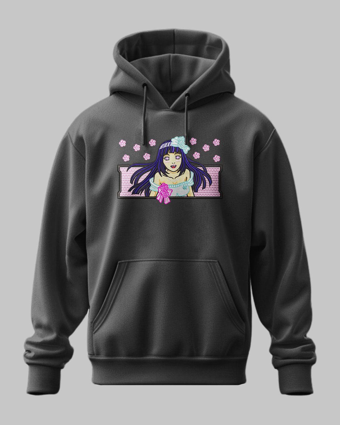 Felpa nera con ricamo Hinata Hyuga di Naruto, fiori rosa, stile anime giapponese.