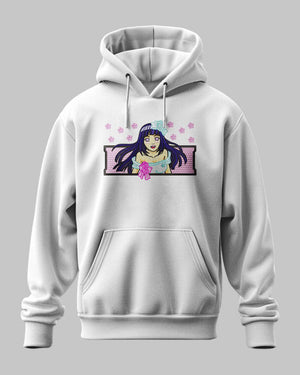 Felpa hoodie grigia con ricamo anime ragazza dai capelli viola, decorazioni rosa e fiori