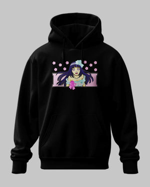 Felpa nera con ricamo Hinata Hyuga di Naruto e fiori di ciliegio, stile anime giapponese.