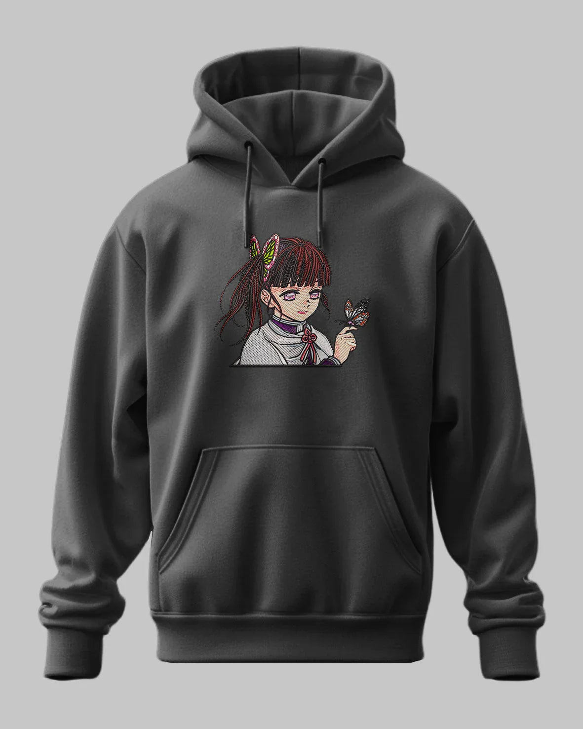 Felpa nera con cappuccio e ricamo anime Kanao Tsuyuri di Demon Slayer, stile giapponese.