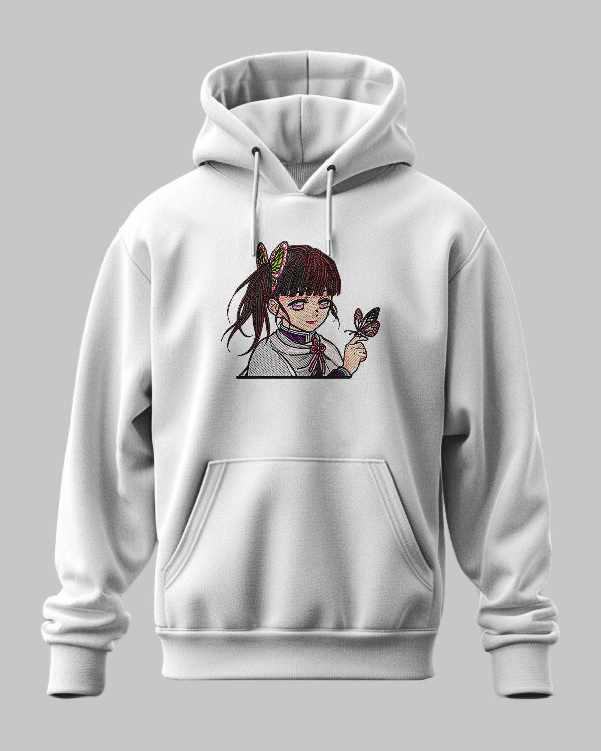 Felpa bianca con ricamo anime di ragazza con farfalla, stile Demon Slayer, design manga.