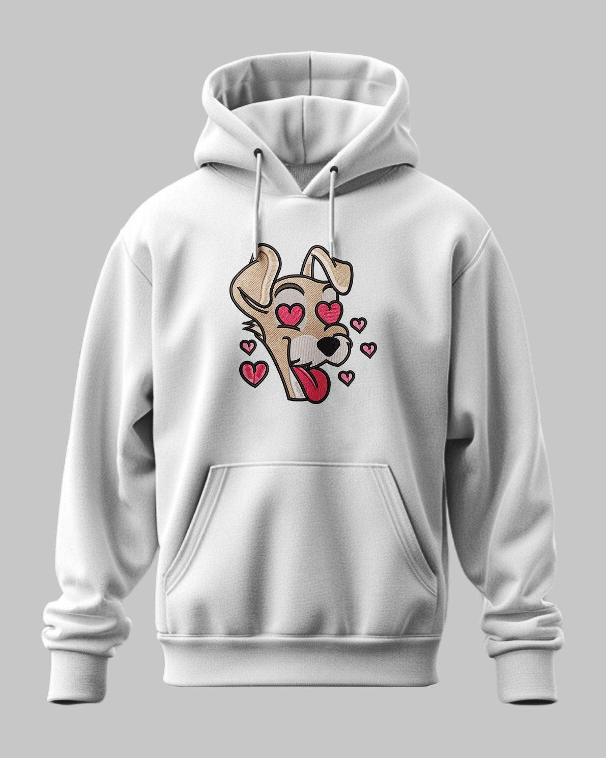 Felpa grigia con ricamo cartone cane con occhi a cuore e cuori rossi, stile anime.