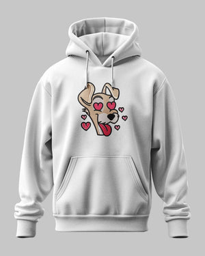 Felpa grigia con ricamo cartone cane con occhi a cuore e cuori rossi, stile anime.