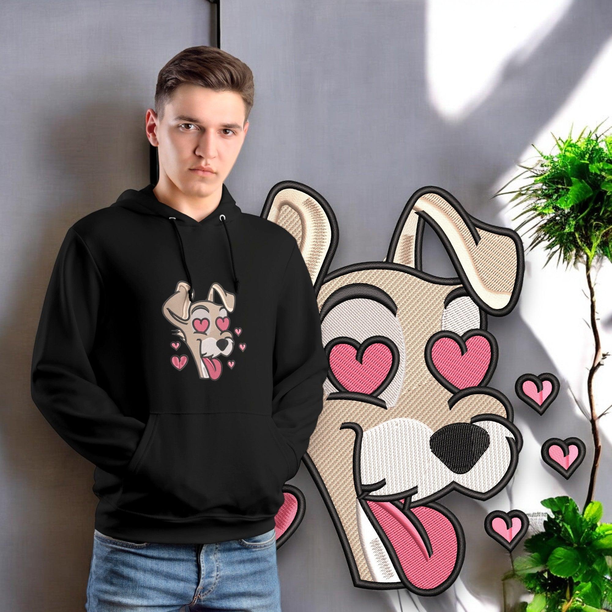Felpa nera anime con ricamo cane cartoon con cuori, ragazzo in posa, sfondo moderno