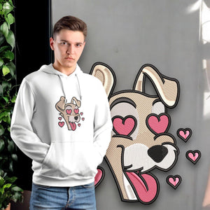 Felpa bianca con ricamo cane stile anime, occhi a cuore, indossata da ragazzo, sfondo moderno.