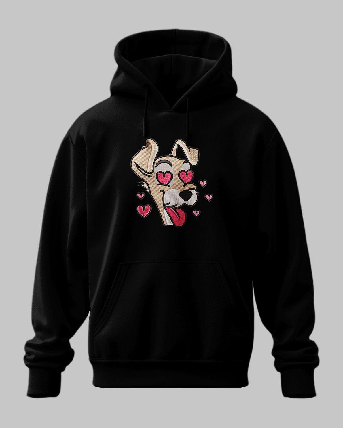Felpa nera con stampa cane cartoon occhi a cuore, stile anime, fondo grigio.
