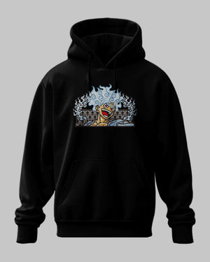 Felpa nera con cappuccio raffigurante Luffy Gear 5 One Piece, design anime ricamato.