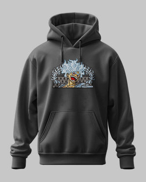 Felpa nera con cappuccio, ricamo anime Luffy Gear 5 One Piece, stile streetwear.