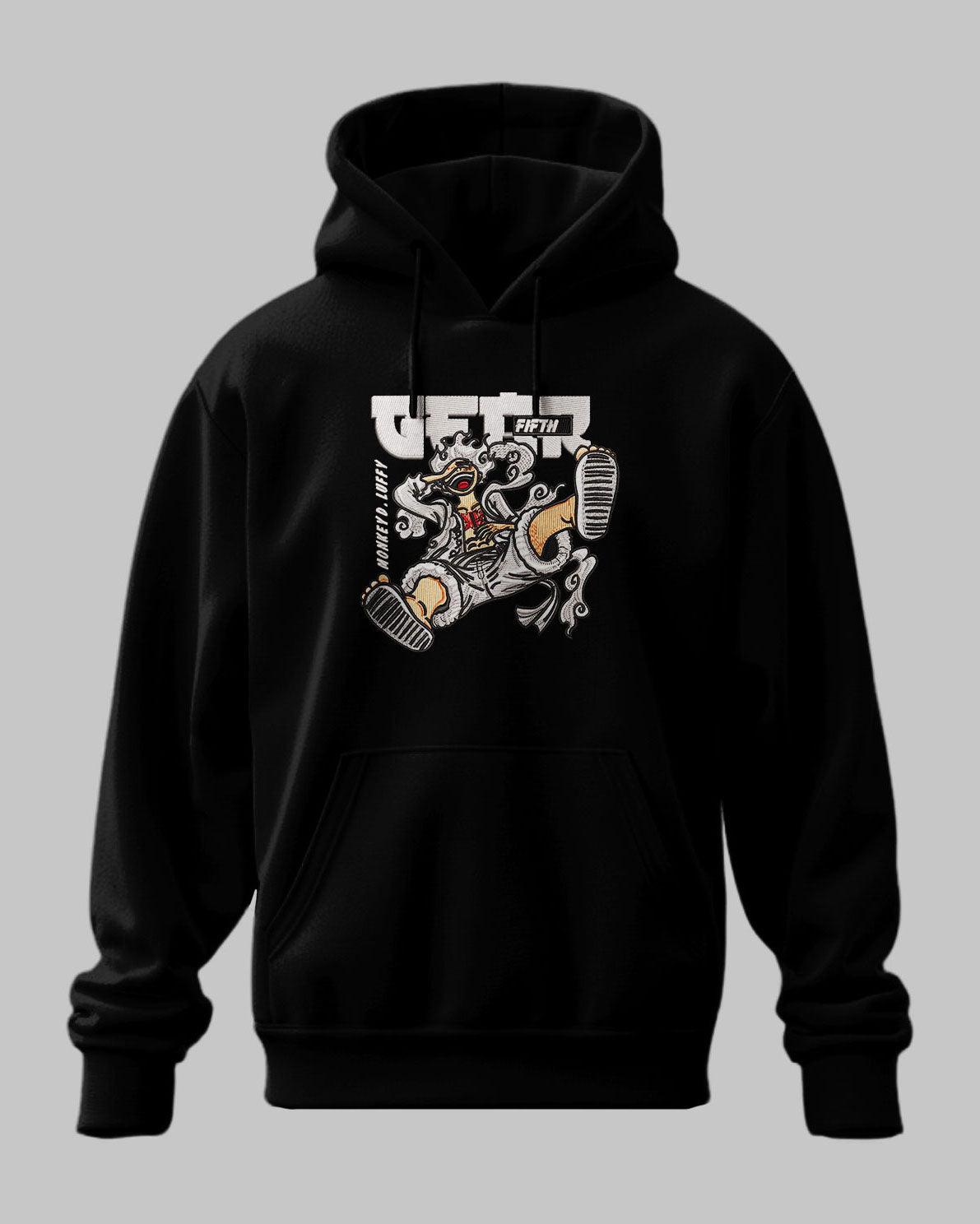 Felpa nera con stampa Luffy Gear Fifth One Piece, design anime dettagliato sul davanti.