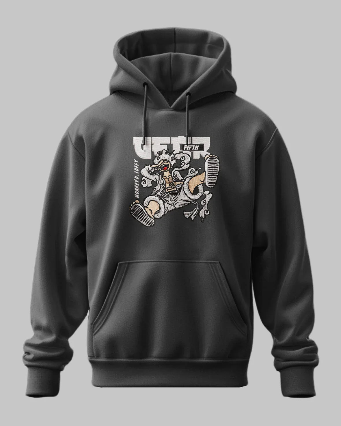 Felpa nera con cappuccio, stampa Luffy Gear Fifth One Piece, stile anime ricamato.