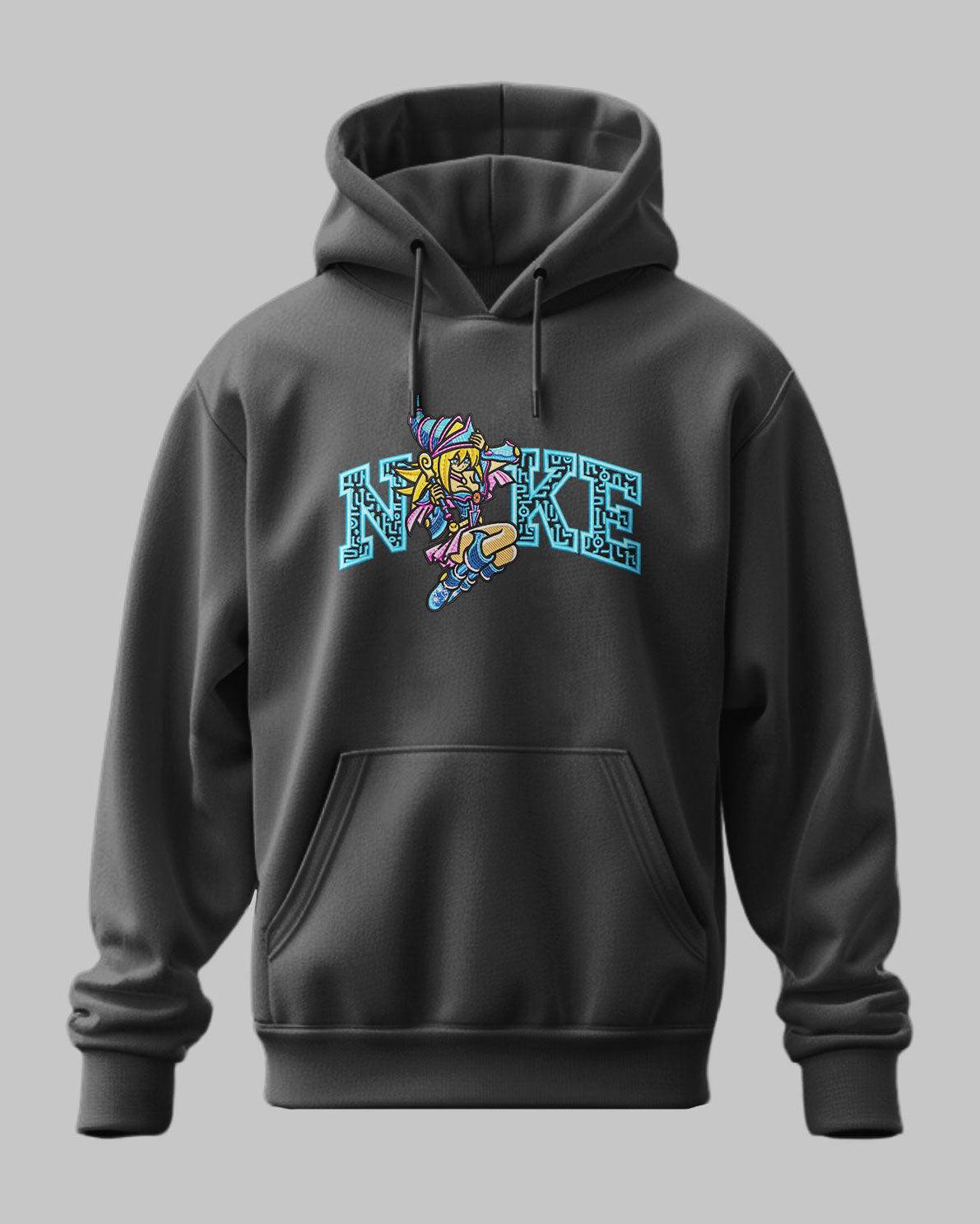 Felpa nera con cappuccio, stampa manga ragazza magica in stile Yu-Gi-Oh, abbigliamento anime.