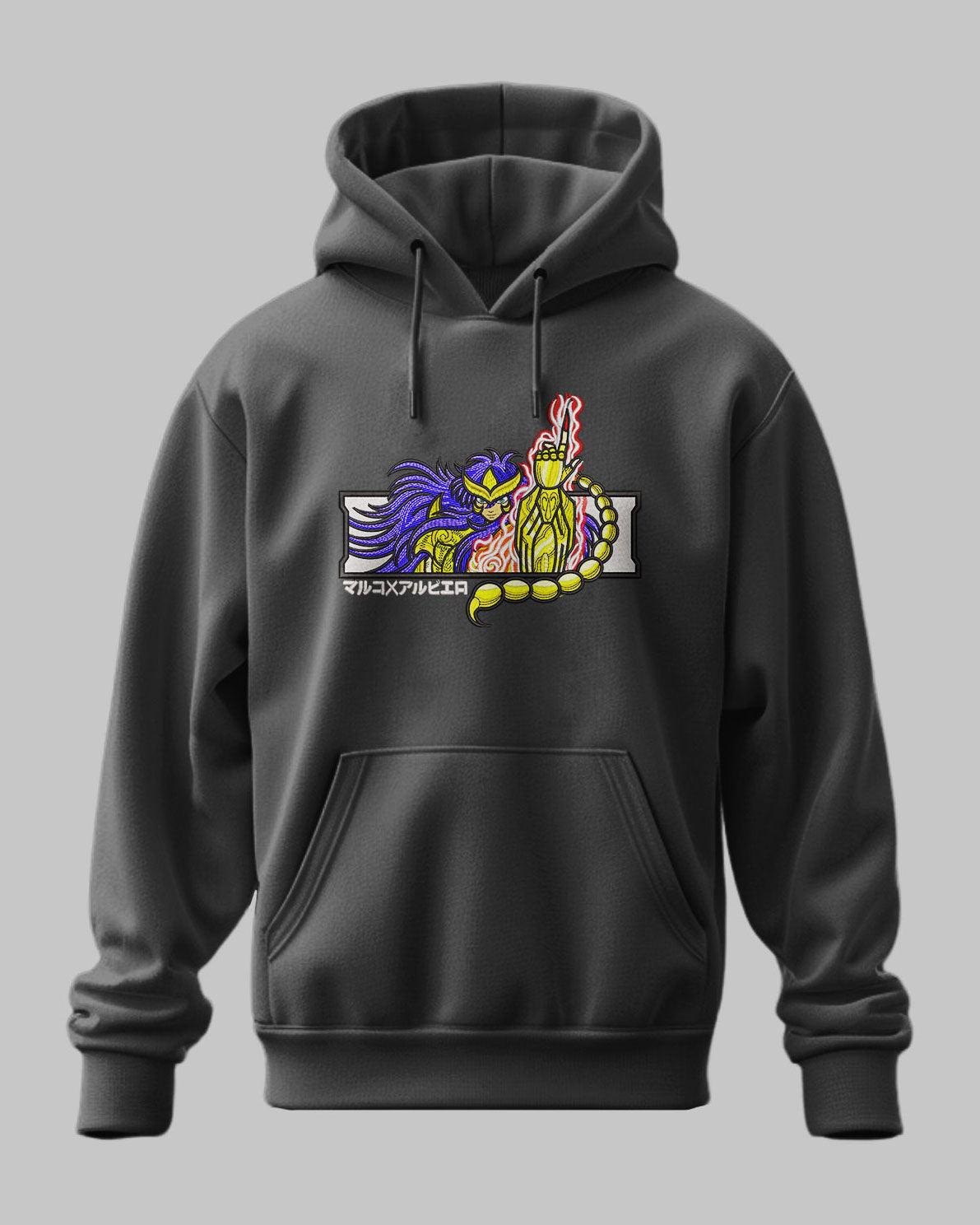 Felpa nera con ricamo di Milo dello Scorpione di Saint Seiya, stile anime giapponese.